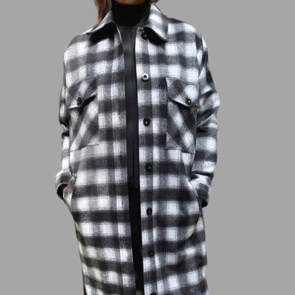 Lodge Coat PERIPHONY | Black and Cream Check Flannel Coat | Size S - Picture 1 of 5